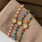 Women's Vintage Turquoise Gold-Bead Bracelet Quartz Watch