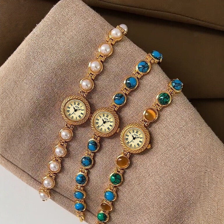 Women's Vintage Turquoise Gold-Bead Bracelet Quartz Watch