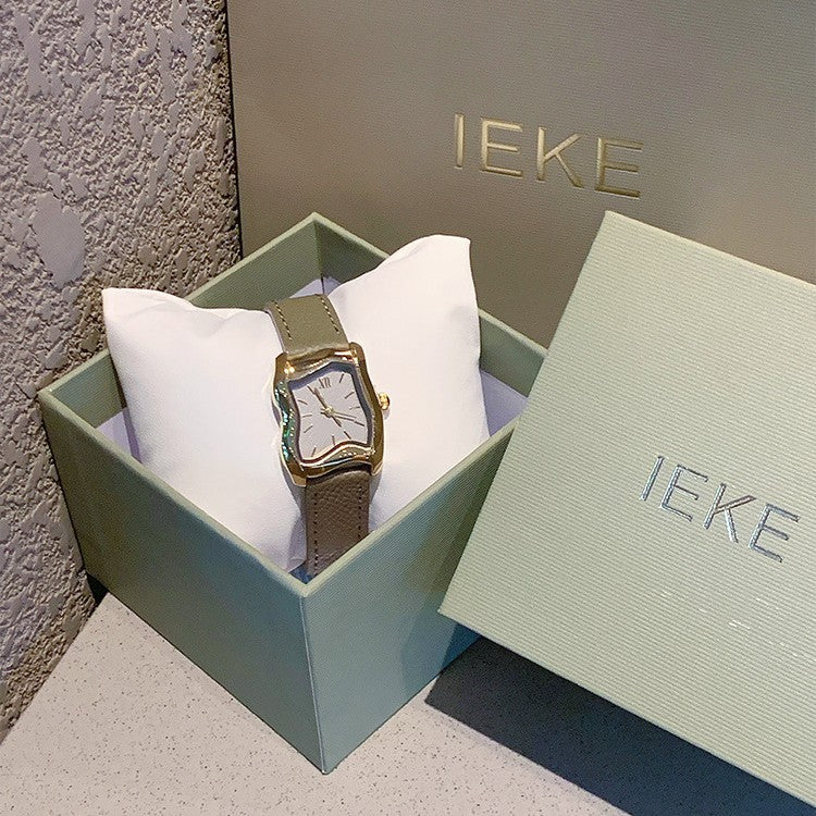 Women's Irregular Wavy Small Square Litchi-Leather French Vintage Watch