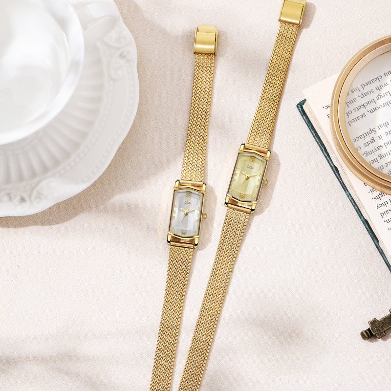 Women's Vintage Leather Mesh Small Square Gold-Tone Quartz Watch