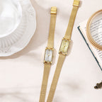 Women's Vintage Leather Mesh Small Square Gold-Tone Quartz Watch