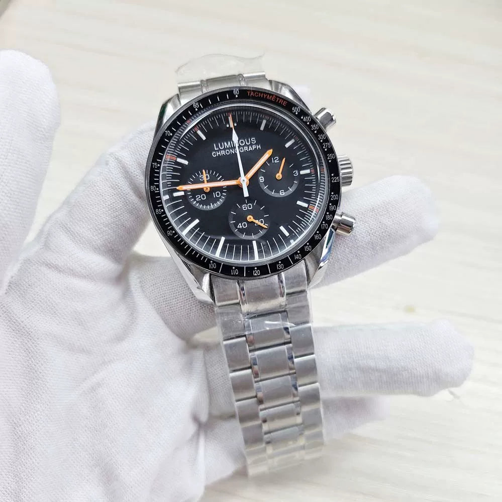 Men's 40mm Speedmaster Style Quartz Watch Steel Case VK63 Movement Mineral Glass