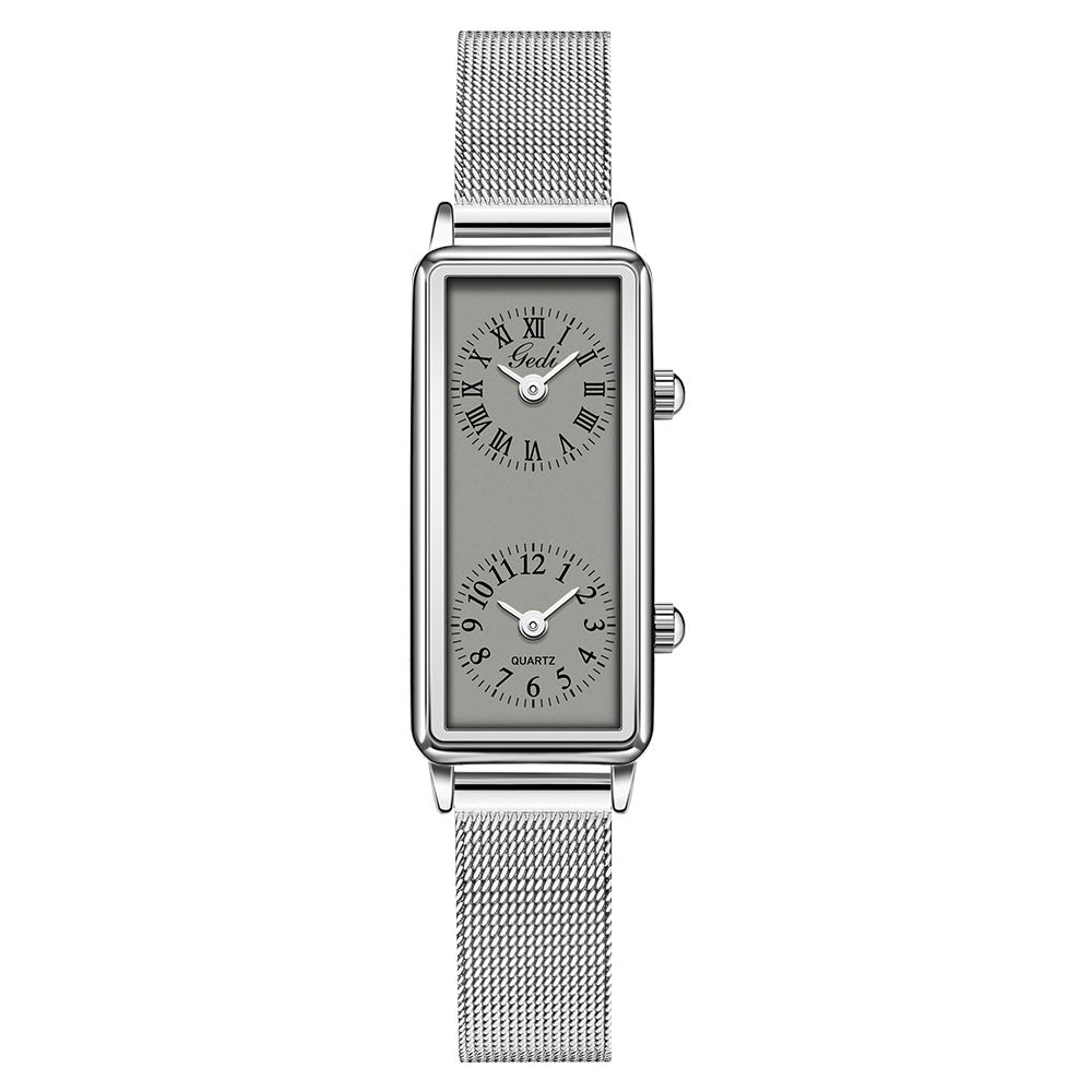 Women's Vintage Roman Numeral Small Square Dual-Time Mesh-Band Quartz Watch