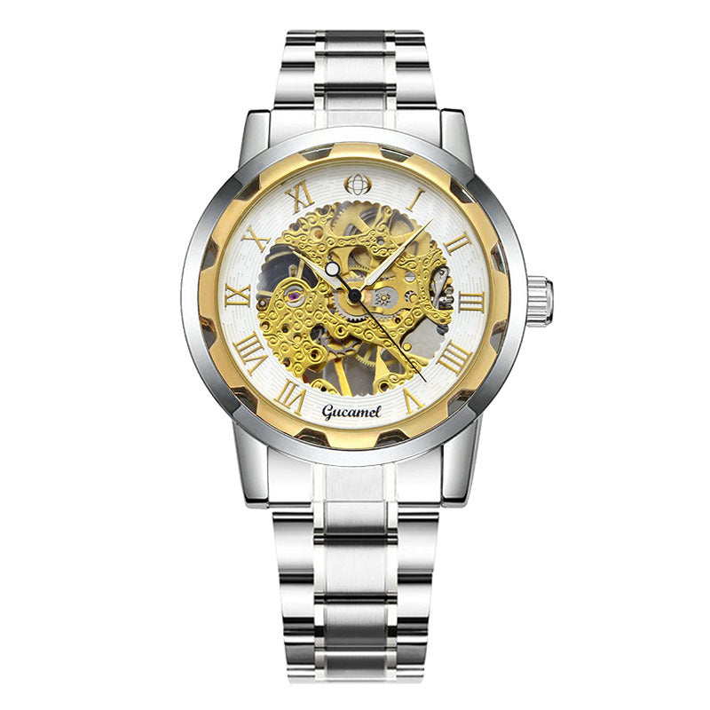 GESMART Men's Gold Tone Steel Band Skeleton Hand Winding Mechanical Watch Fashion Trendy