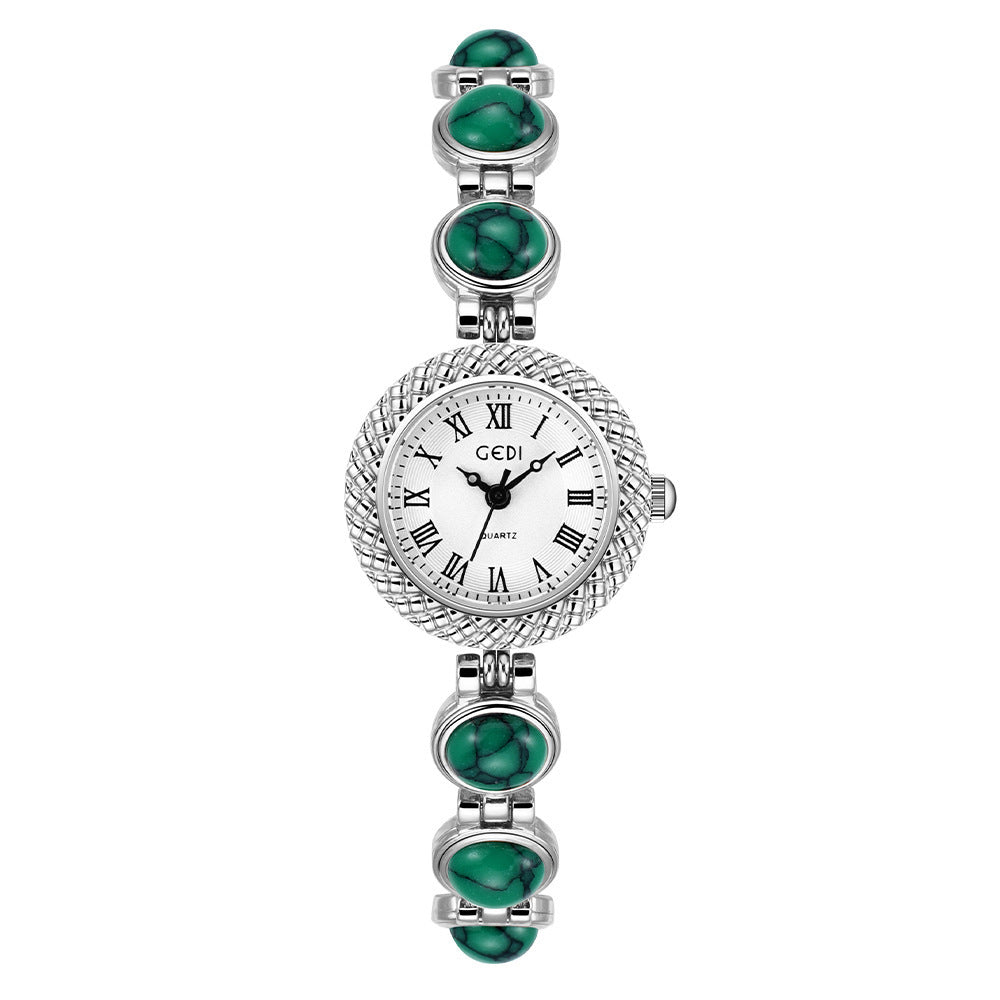 Women's Vintage Turquoise Gold-Bead Bracelet Quartz Watch