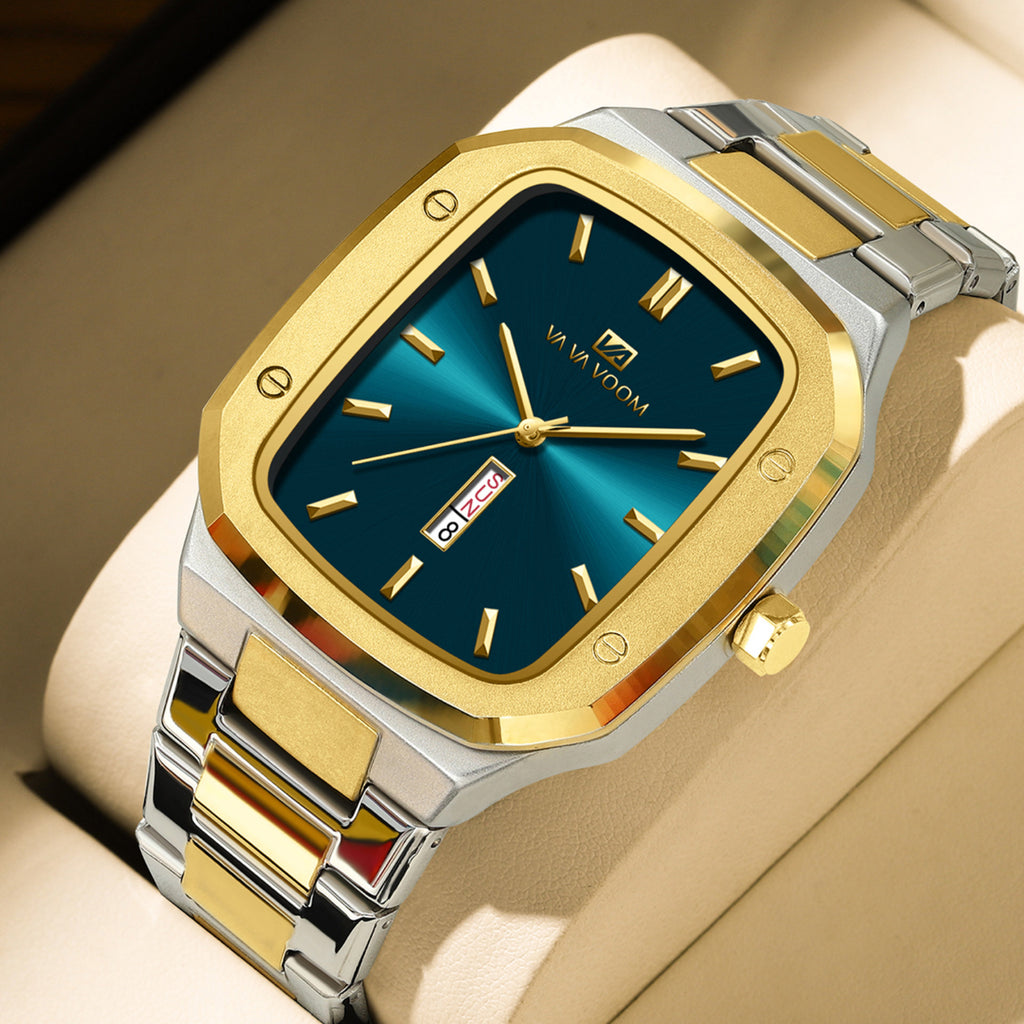 GESMART Men's Rectangular Dial Watch Day Date Calendar Steel Band Business Creative Water Resistant