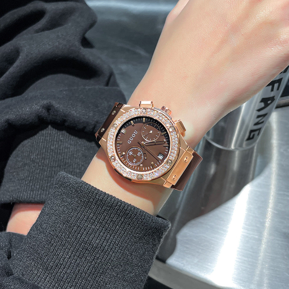 GESMART Women's Large Dial Silicone Band Watch Multifunction Rhinestone Calendar Fashion Trendy