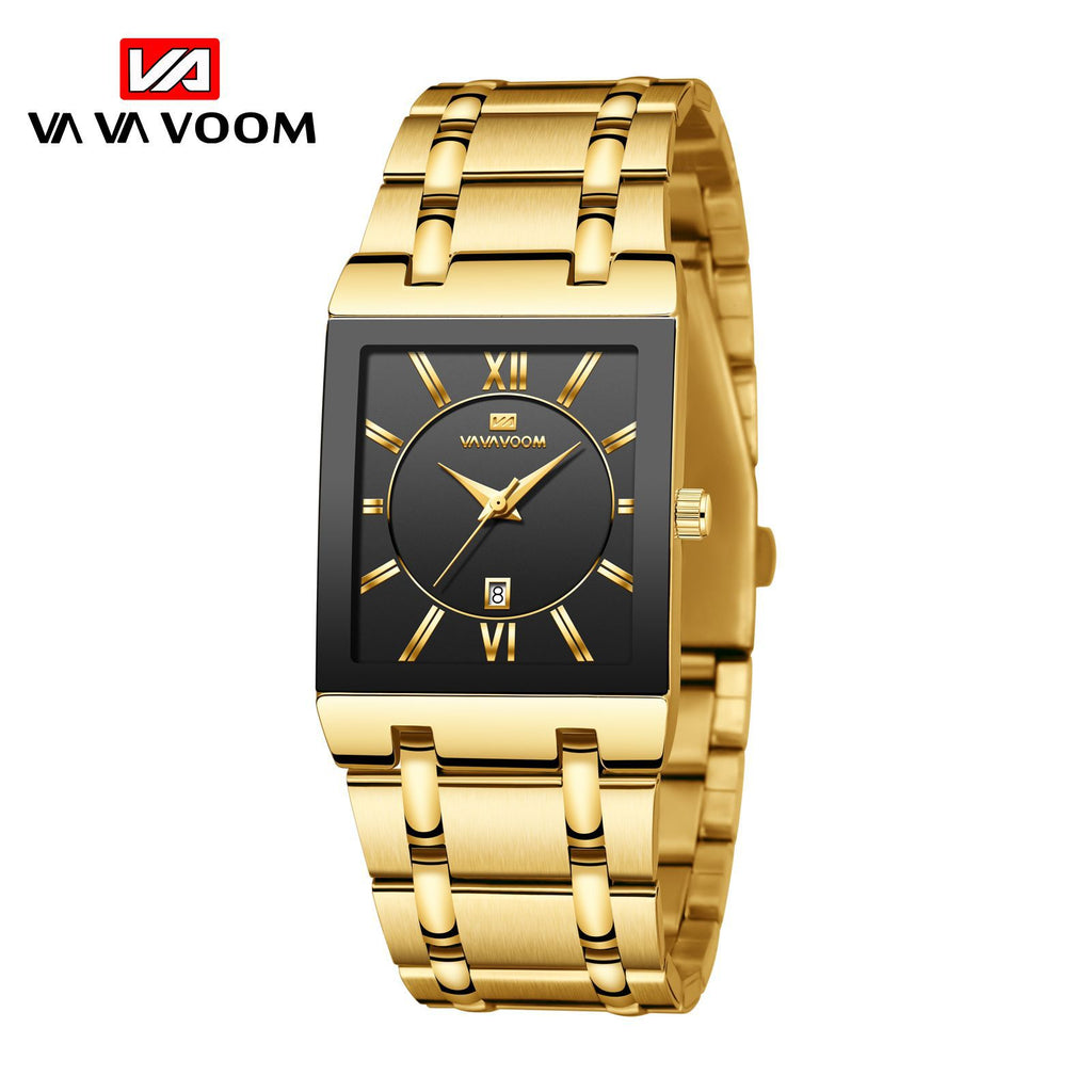 GESMART Men's Rectangular Stainless Steel Gold Tone Watch Calendar Quartz Water Resistant Large Dial Business