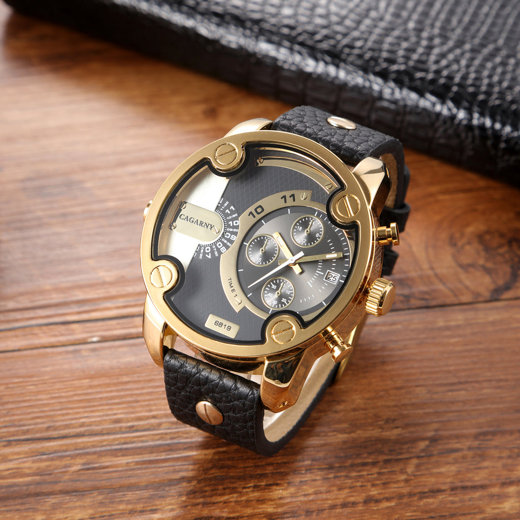 Men's Large-Dial Calendar Leather-Strap Quartz Watch