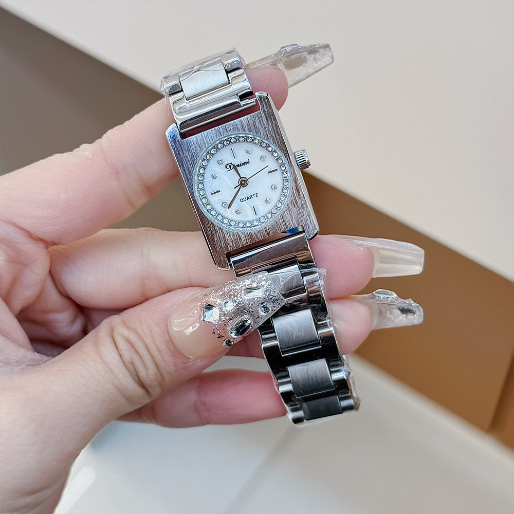 Women's Square-Outside-Round-Inside Steel Rhinestone Watch
