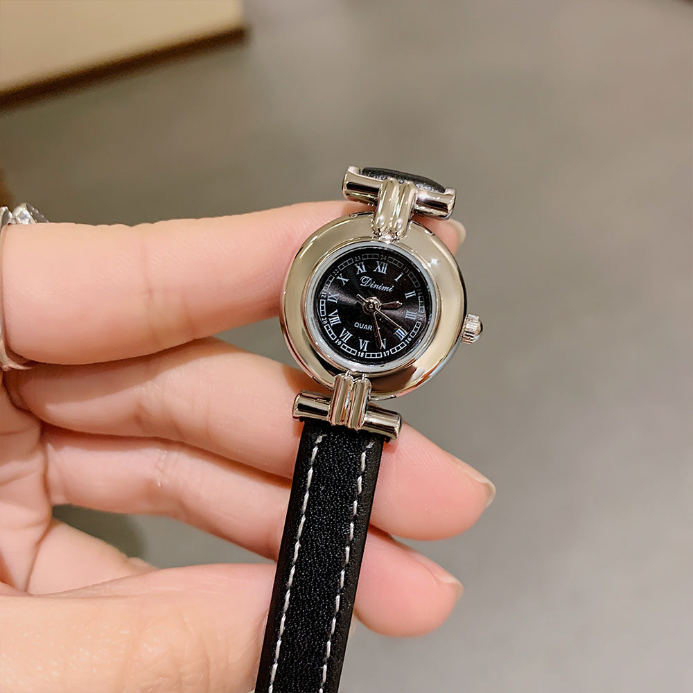 Women's Round Roman-Numeral Leather-Strap Quartz Watch