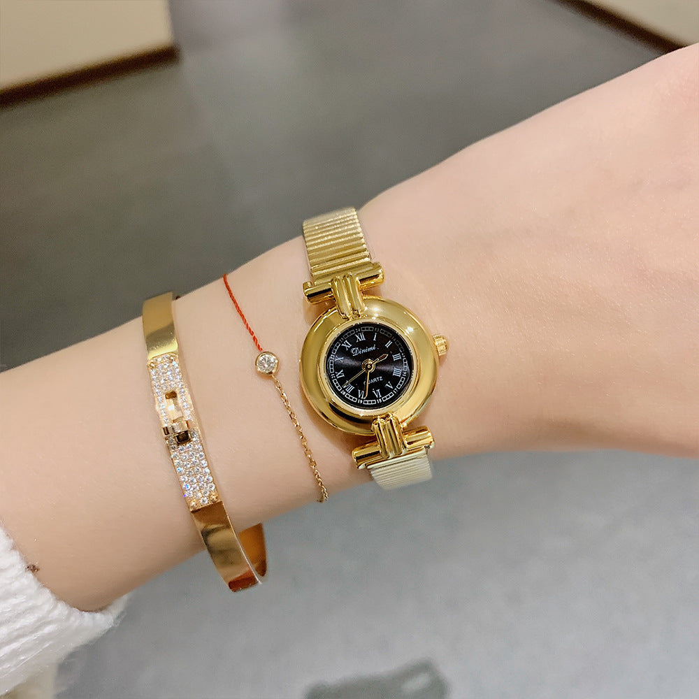 Women's Round Roman-Numeral Leather-Strap Quartz Watch