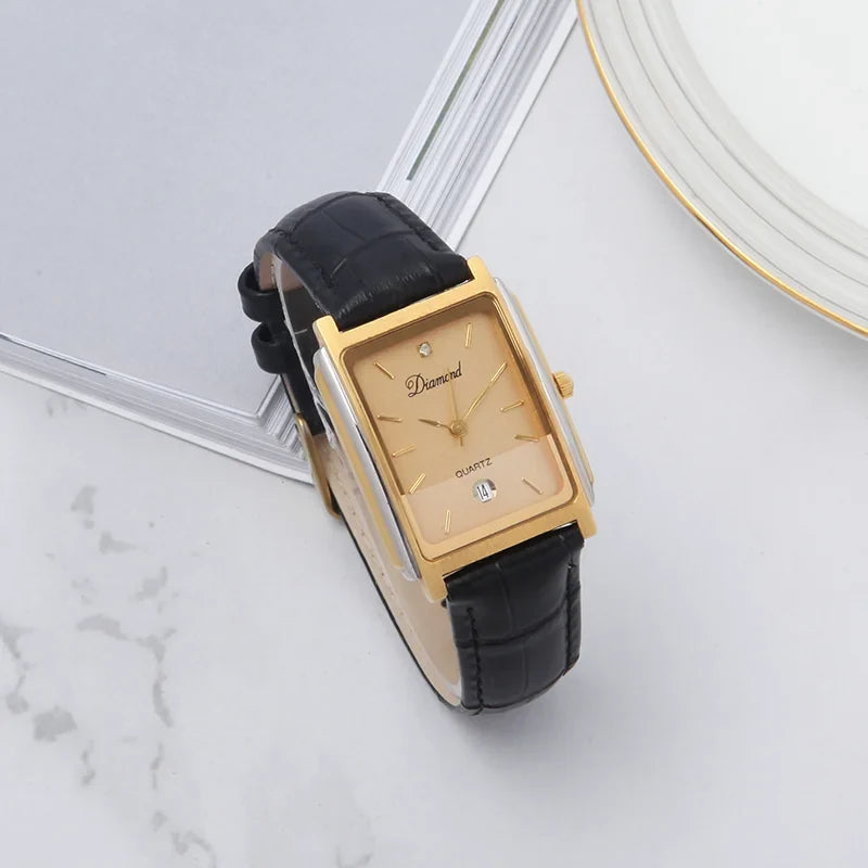 Diamond Brand Vintage Quartz Watch Titanium Rectangular Leather Strap NOS New