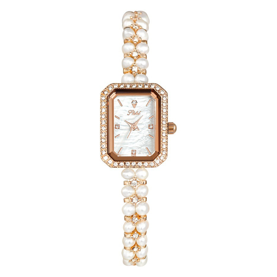 Women's Pearl Bracelet Quartz Watch, Slim Dial