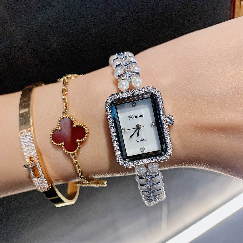 GESMART Women's Square Pearl Bracelet Watch Mother of Pearl Dial Retro Chic Style Diamond Studded