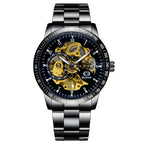 GESMART Men's Automatic Mechanical Watch Black Iridescent Dial Full Gold Tone Business Fashion