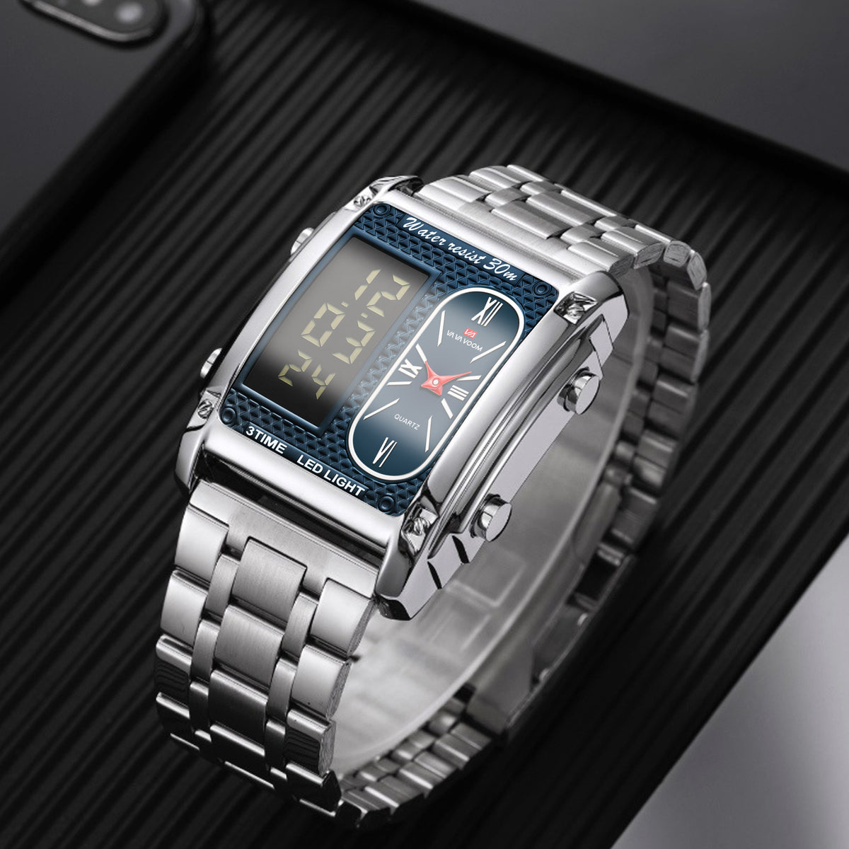 GESMART Men's Dual Movement Dual Display Square Digital Watch Multifunction Water Resistant Creative