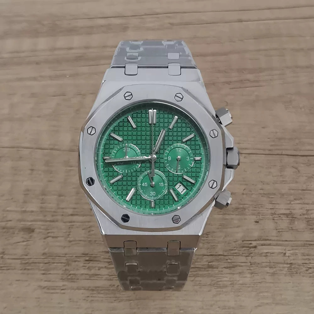 Men's 41mm Quartz Chronograph Watch Stainless Steel Case Bracelet VK63 Movement