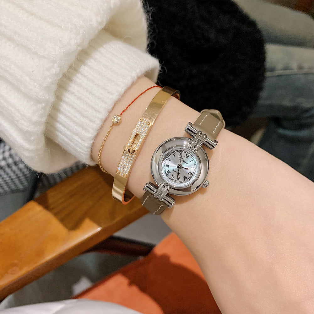 Women's Round Roman-Numeral Leather-Strap Quartz Watch