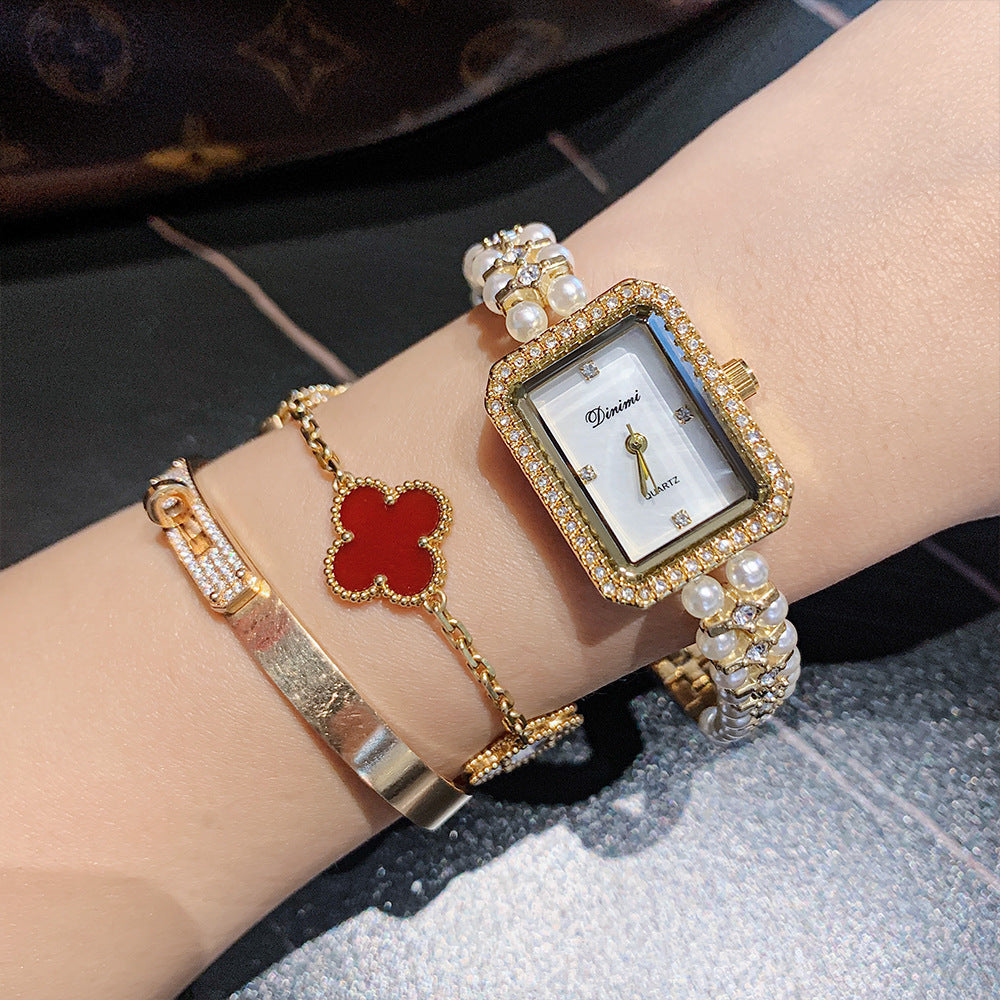 GESMART Women's Square Pearl Bracelet Watch Mother of Pearl Dial Retro Chic Style Diamond Studded