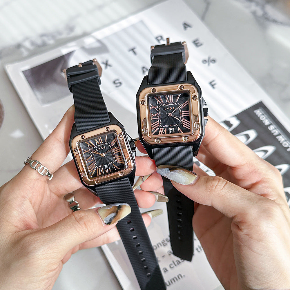Women's Minimalist Roman Numeral Calendar Square Silicone-Strap Quartz Watch
