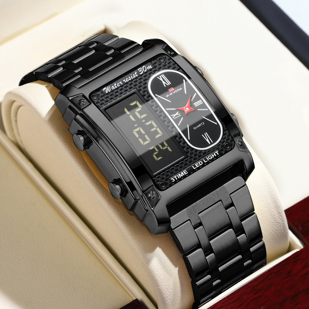 GESMART Men's Dual Movement Dual Display Square Digital Watch Multifunction Water Resistant Creative
