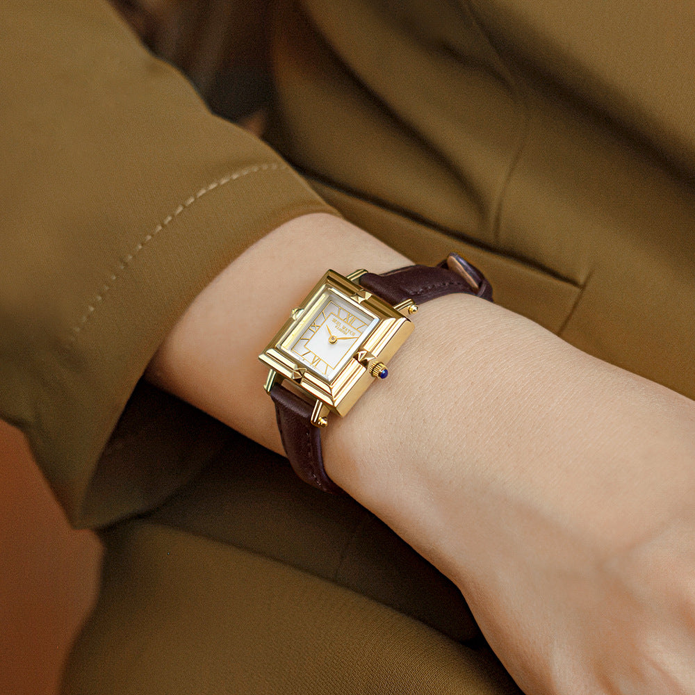 GESMART Women's Small Square Leather Band Watch Roman Numeral Scale Minimalist Retro Ladies Wristwatch