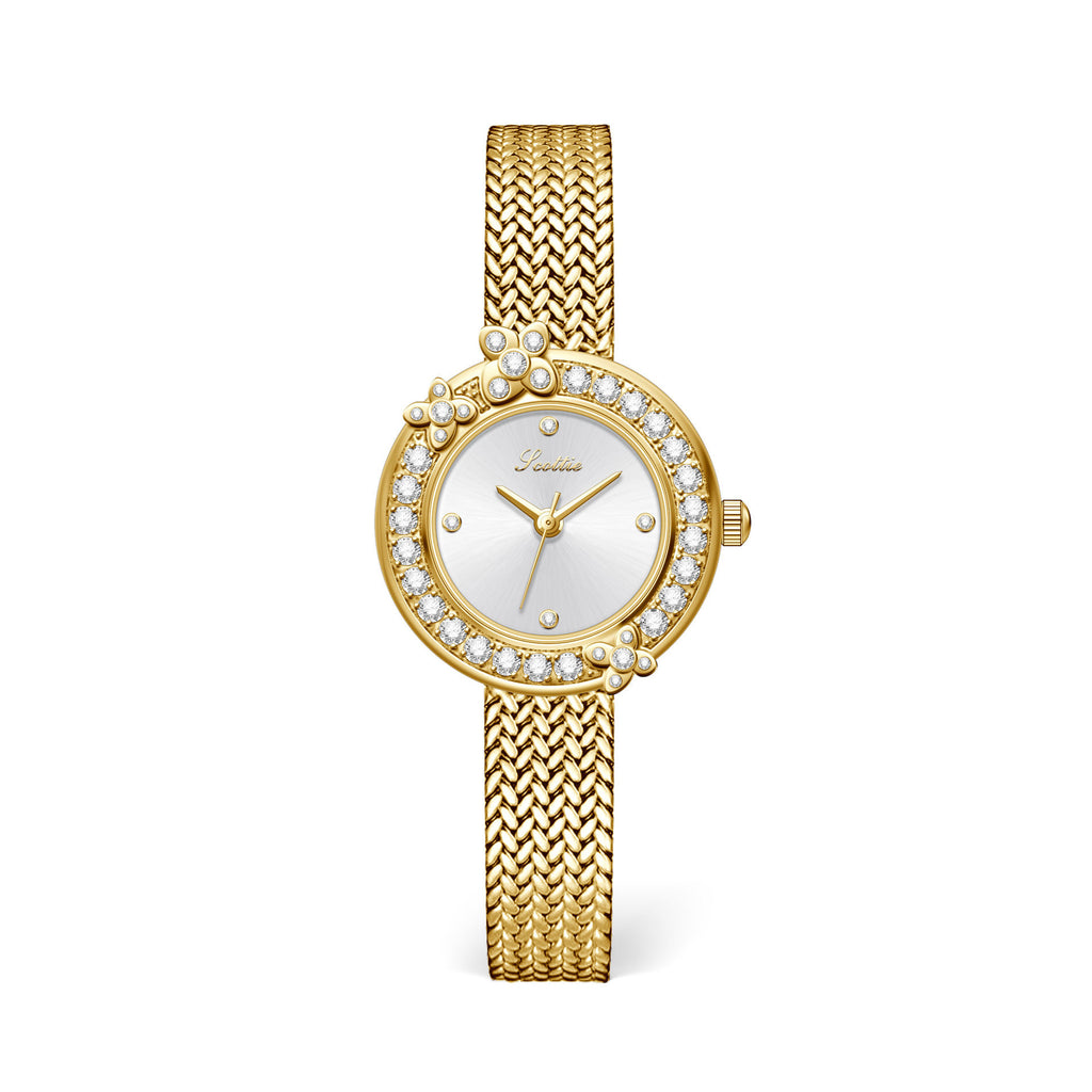 GESMART Women's French Floral Rhinestone Quartz Watch Leather Band Diamond Studded Commuter Ladies Wristwatch