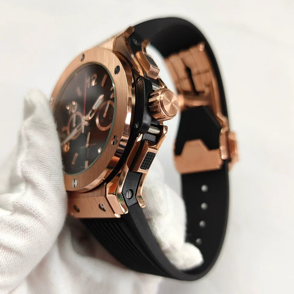 New Rose Gold 42.5mm Quartz Watch Steel Case Rubber Strap VK63 Mineral Glass