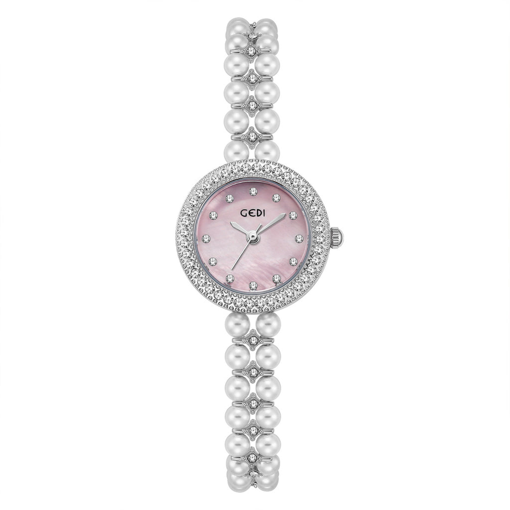 Women's Pearl-Bead Bracelet Round Rhinestone Quartz Watch