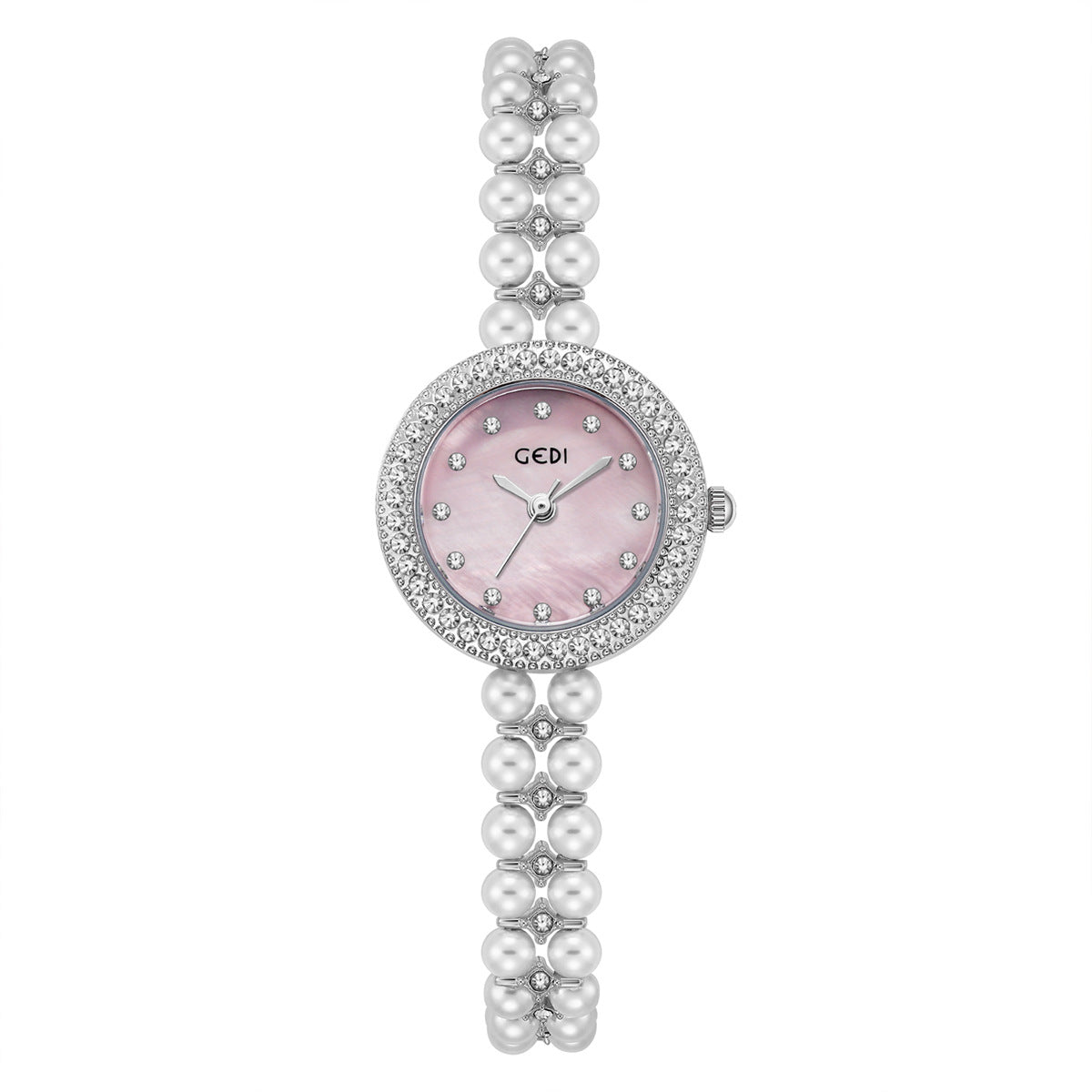 Women's Pearl-Bead Bracelet Round Rhinestone Quartz Watch
