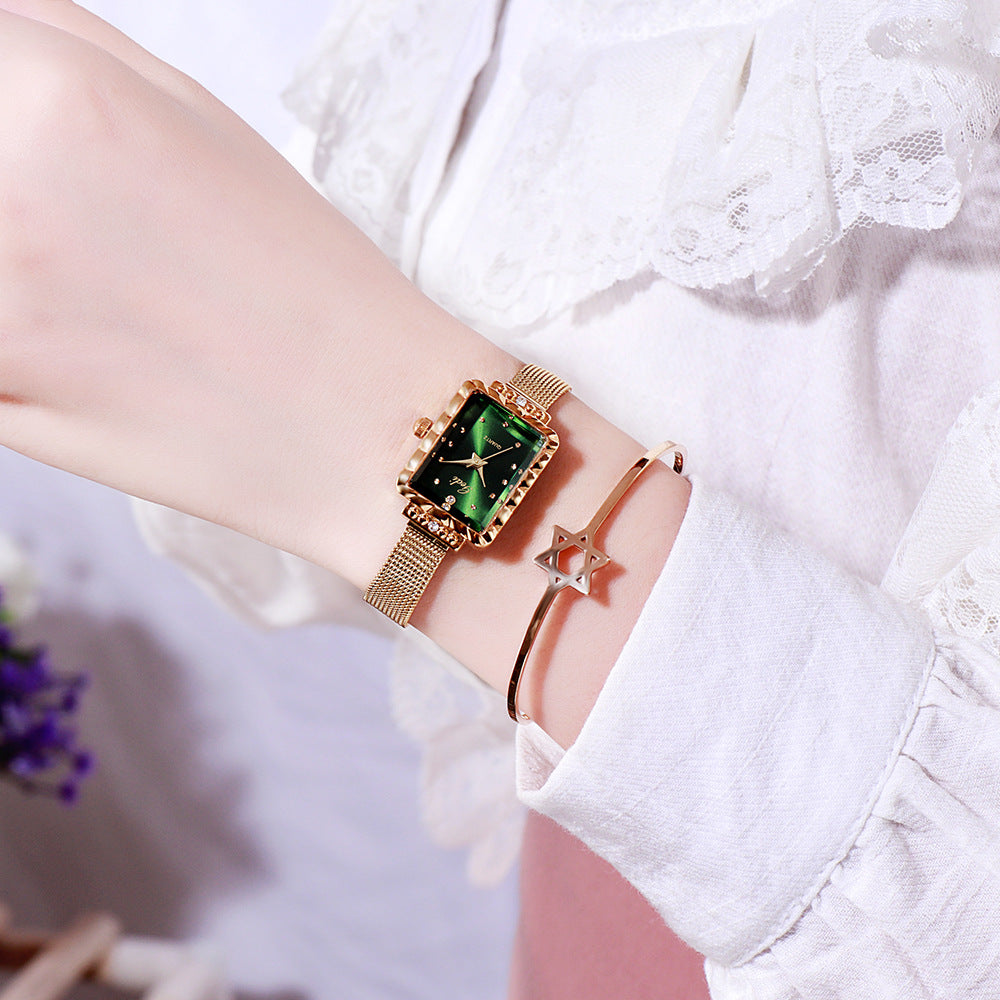 GESMART Women's Square Green Dial Mesh Bracelet Quartz Watch Rhinestone Vintage Luxury Style
