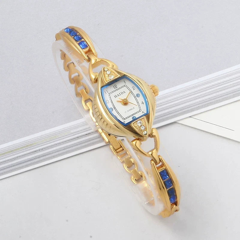 HAIDA Ladies Manual Wind Mechanical Watch Gold-Plated Blue Glass Crystal Fashion