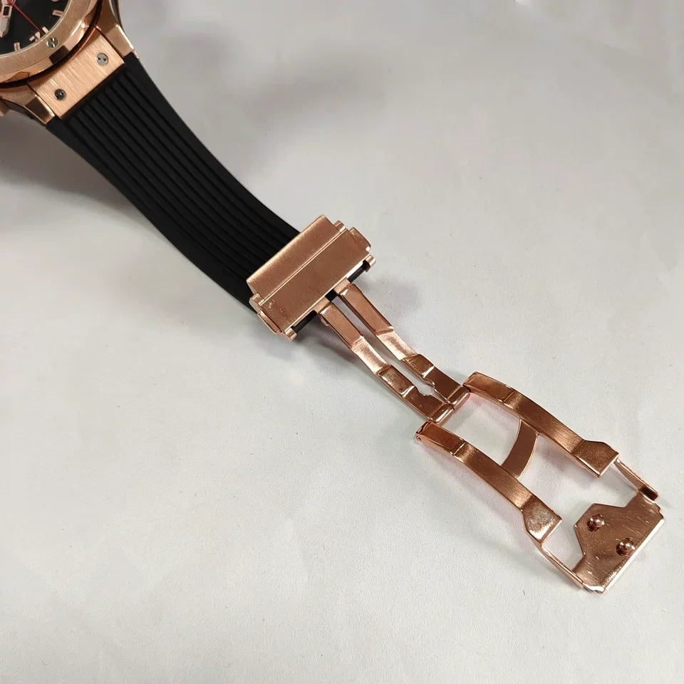 New Rose Gold 42.5mm Quartz Watch Steel Case Rubber Strap VK63 Mineral Glass