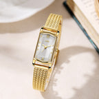 Women's Vintage Leather Mesh Small Square Gold-Tone Quartz Watch