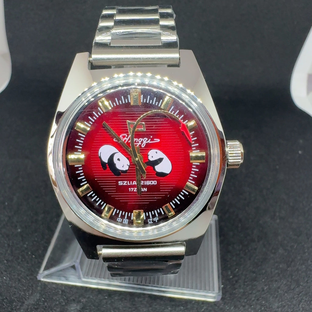 Red Flag Panda Men's Vintage Manual Wind Watch All Steel Airplane Hands