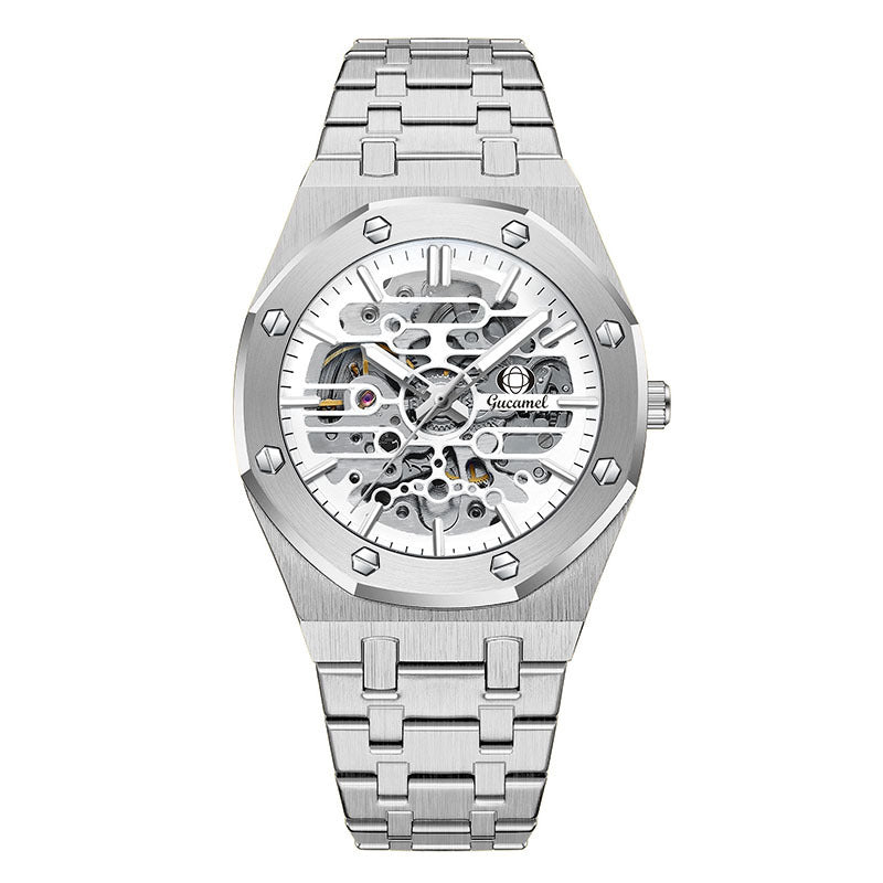 GESMART Men's Skeleton Automatic Mechanical Watch Steel Band Trendy Wristwatch