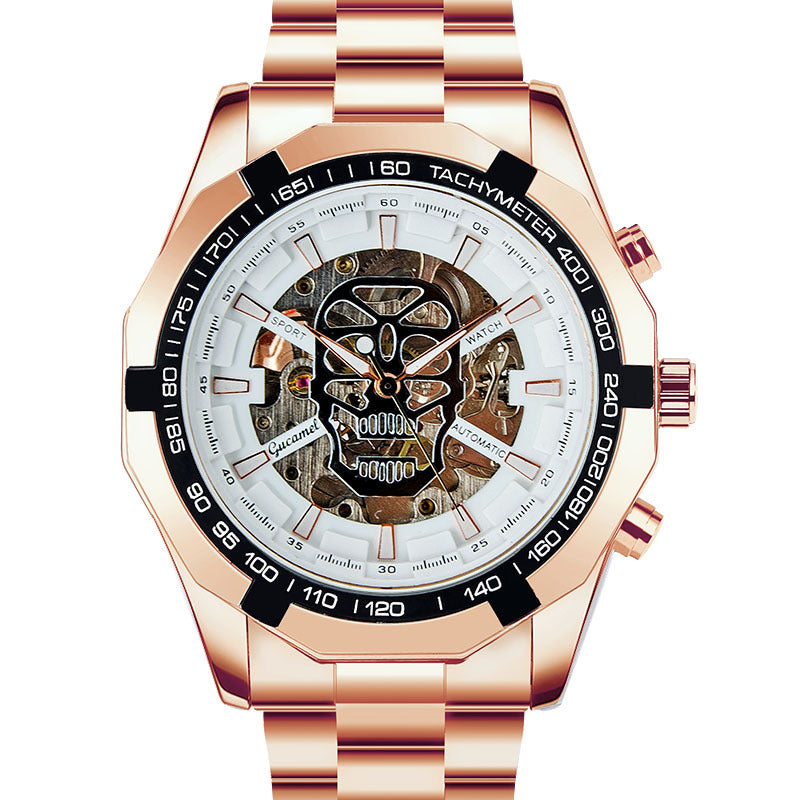 GESMART Men's Gold Tone Skeleton Automatic Mechanical Watch Skull Design Business Trendy
