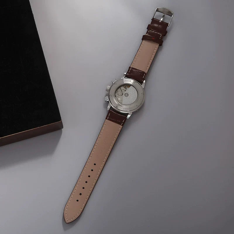 PHILIP RUNOR Men's Automatic Moonphase Watch Genuine Leather NOS New