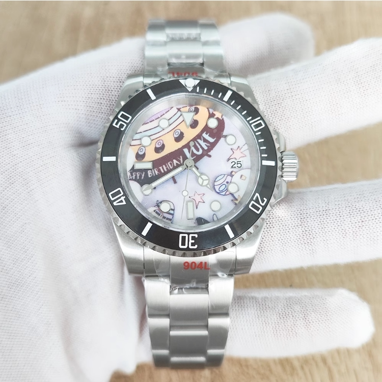 Men's 40mm Mechanical Watch NH35 Sapphire Cartoon Space Dial Canvas Strap