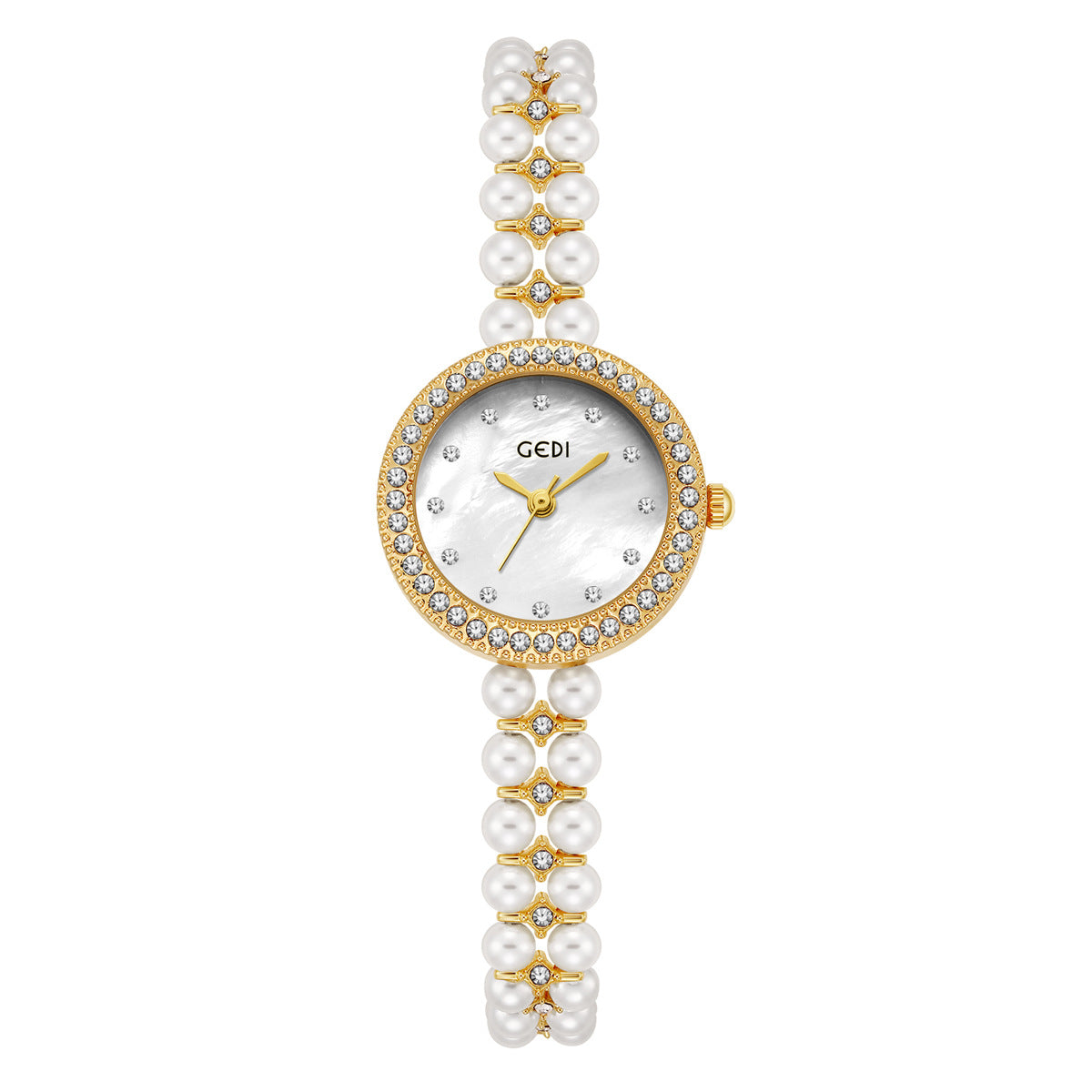 Women's Pearl-Bead Bracelet Round Rhinestone Quartz Watch