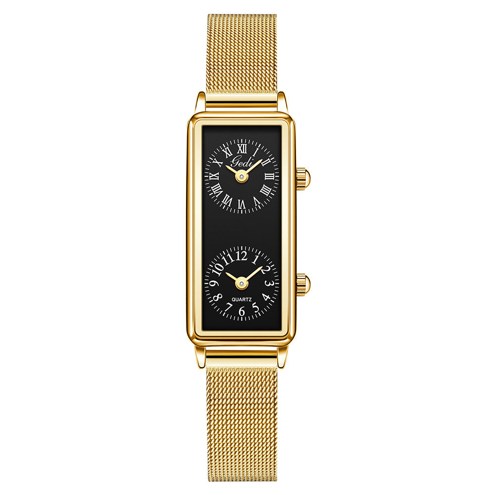 Women's Vintage Roman Numeral Small Square Dual-Time Mesh-Band Quartz Watch
