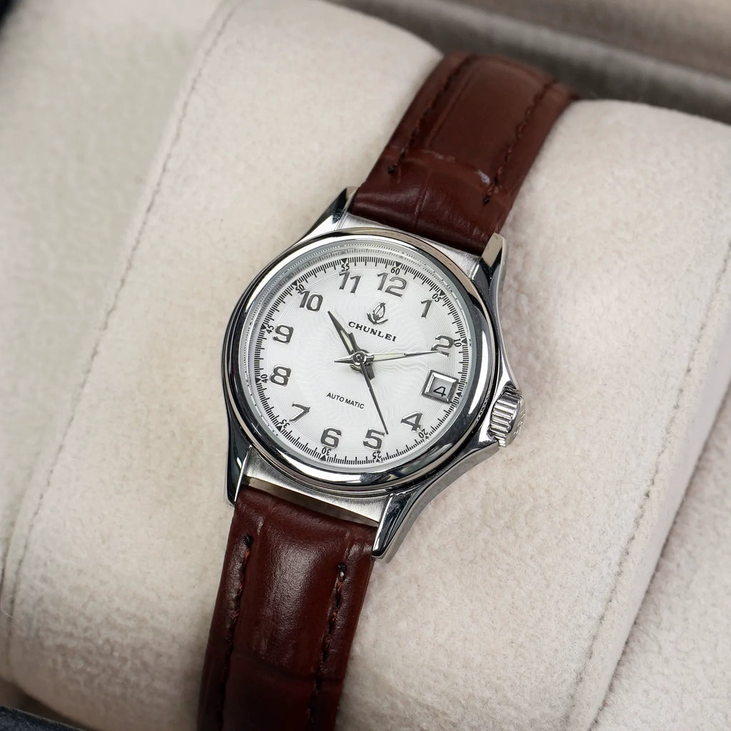 Chunlei Ladies Mechanical Watch Date Leather Strap Steel Minimalist Student