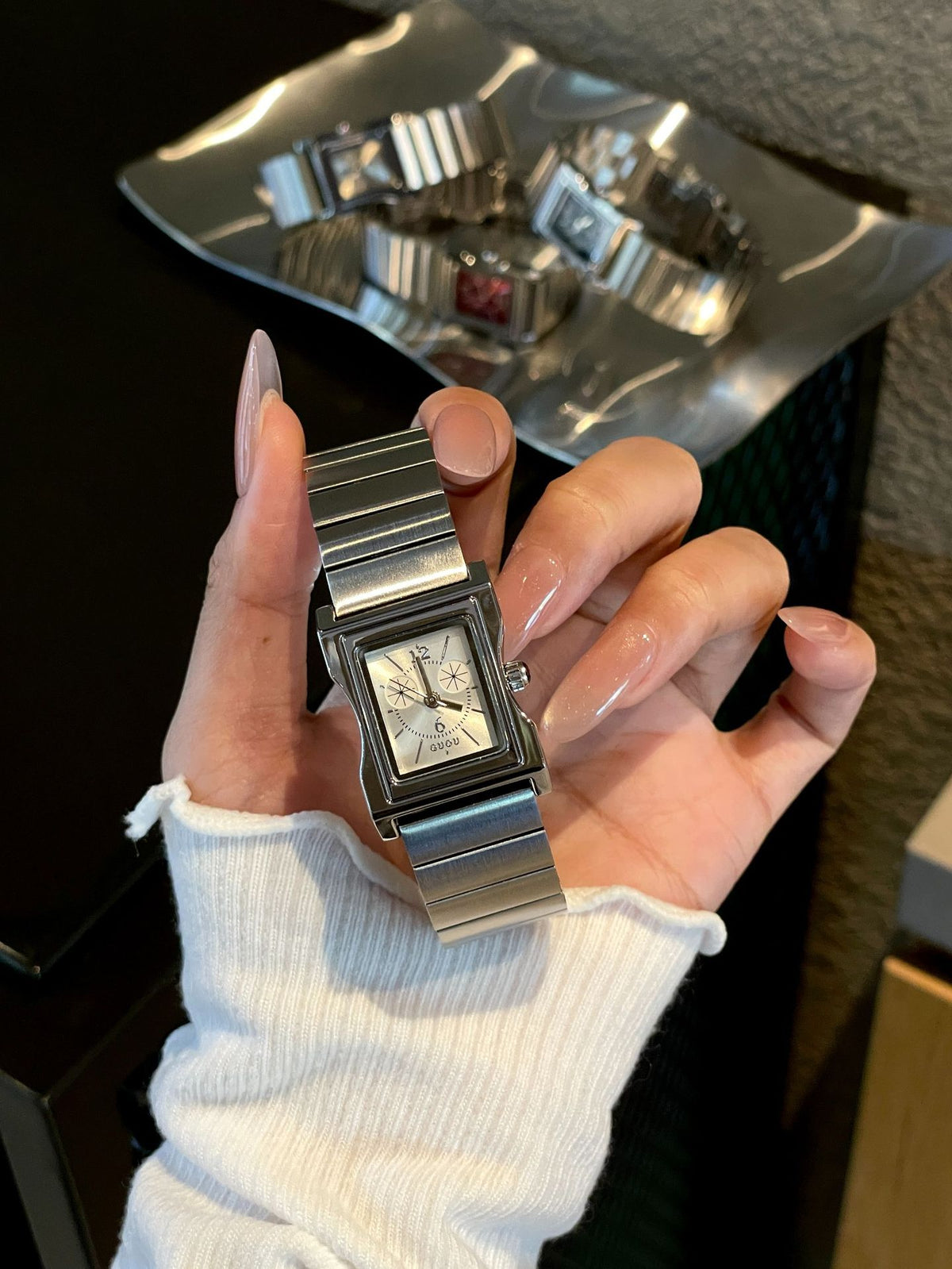 Women's Vintage Small Square Silver Bamboo Steel-Band Quartz Watch