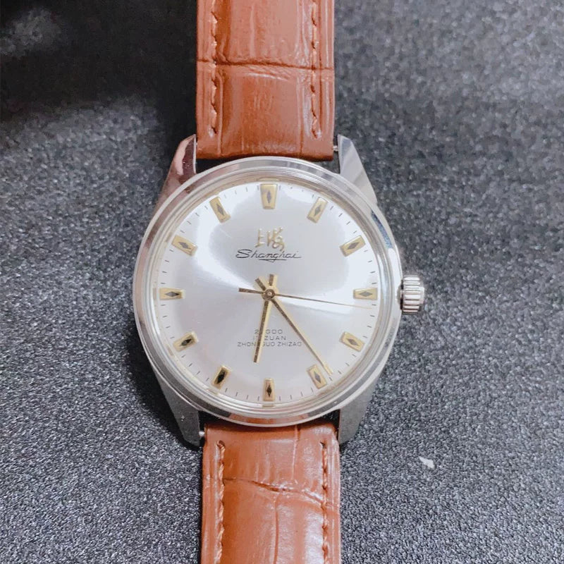 Shanghai Men's Manual Wind Mechanical Watch Round Steel Bracelet NOS