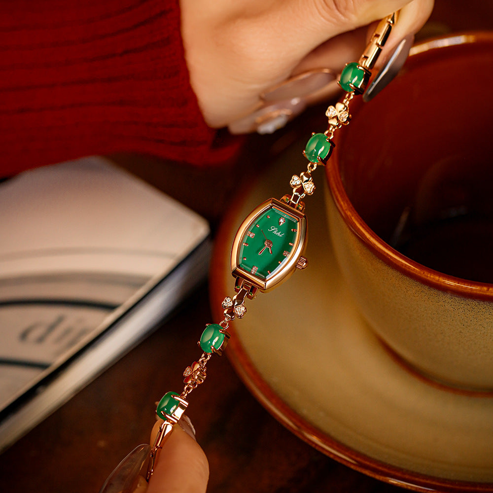 GESMART Women's Chalcedony Bracelet Watch Tonneau Shape Green Dial Retro Romantic Ladies Wristwatch