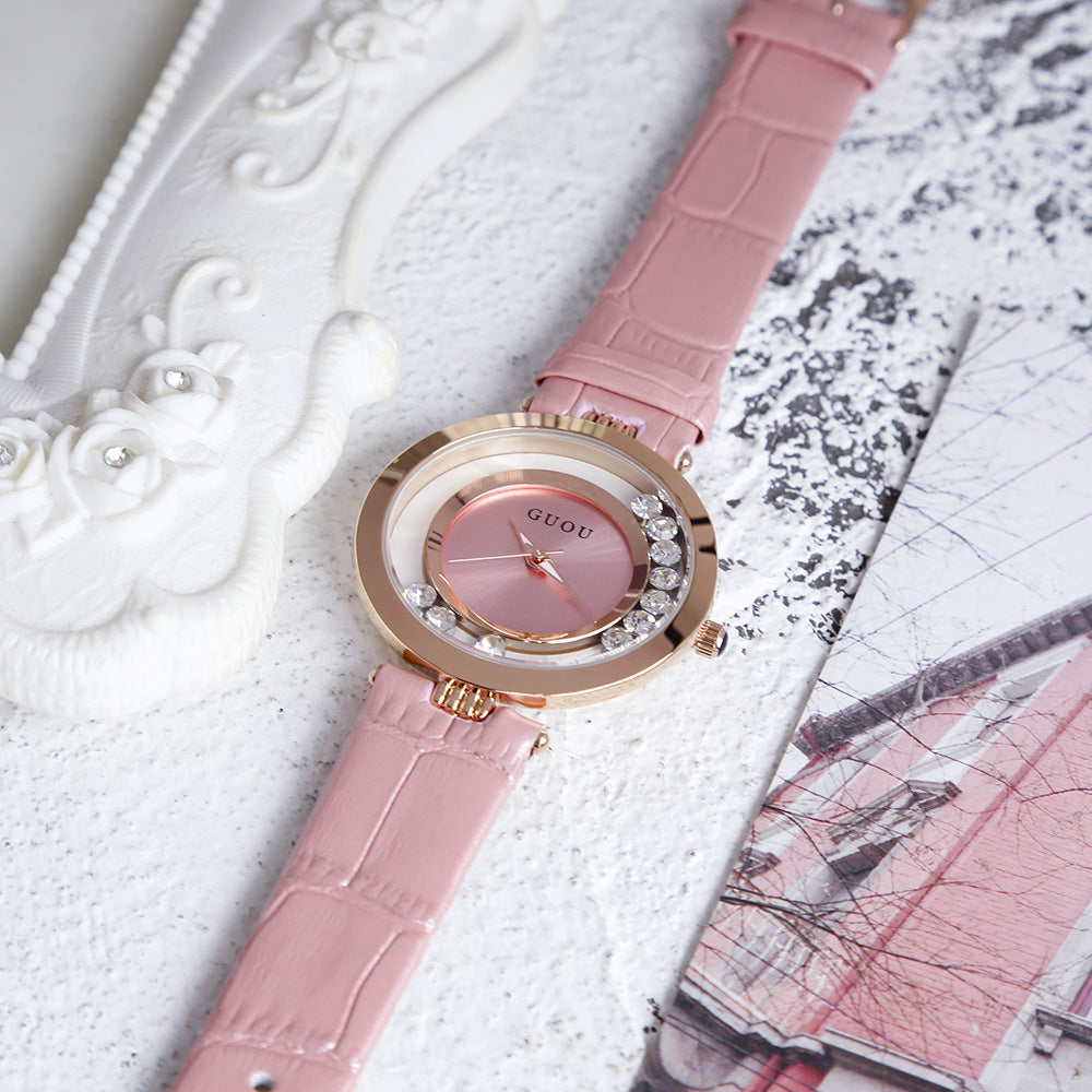 GESMART Women's Crystal Dial Quartz Watch Leather Band Fashion Elegant Genuine Leather Ladies Wristwatch