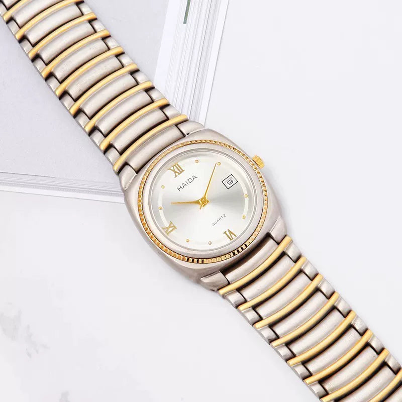 HAIDA Men's Quartz Watch Roman Numerals Yellow White Dial Steel Business NOS