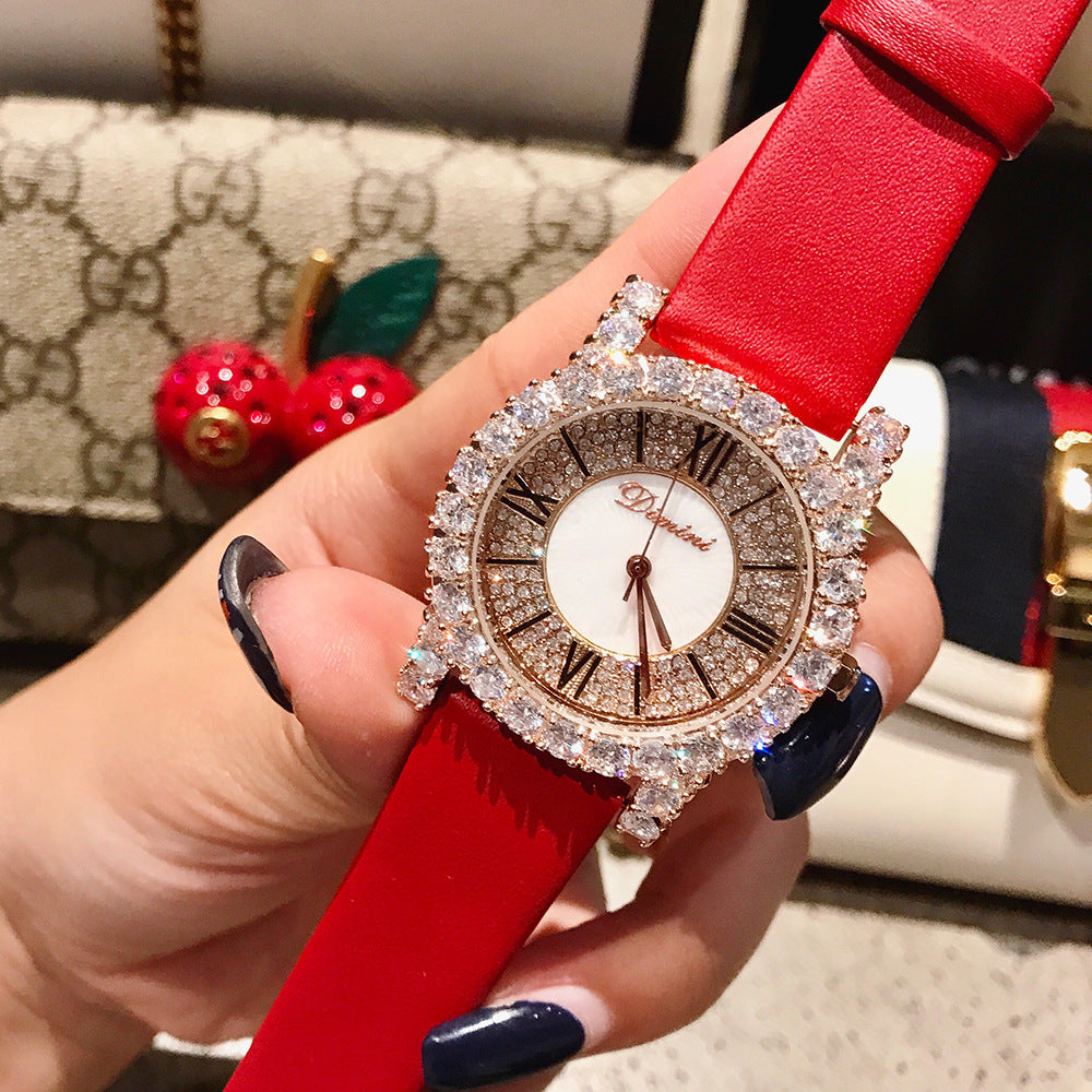 GESMART Women's Diamond Studded Roman Numeral Leather Band Quartz Watch Fashion Versatile Water Resistant