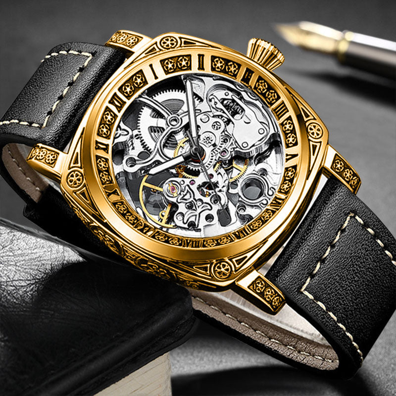 GESMART Men's Retro Engraved Skeleton Mechanical Watch Genuine Leather Water Resistant European Style